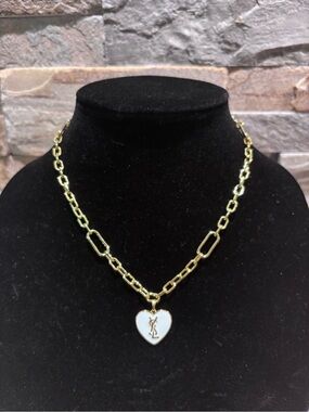 Gold Chain Necklace with YSL White Heart Pendant - Designer Monogram